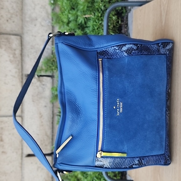 KATE SPADE blue Pebble Leather Suede Snakeskin detail top handle satchel bag - Picture 1 of 14